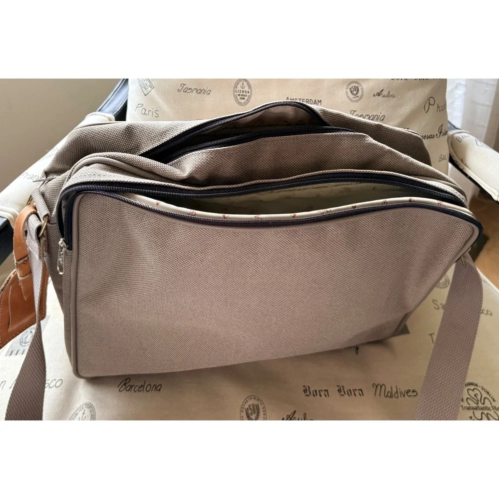 DVF Collection Taupe Canvas Messenger Travel Computer Carryon Bag Pockets Y2K